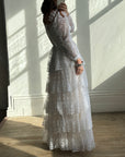 Vintage 70s Tiered Lace Wedding Dress with Brown Floral Embroidery
