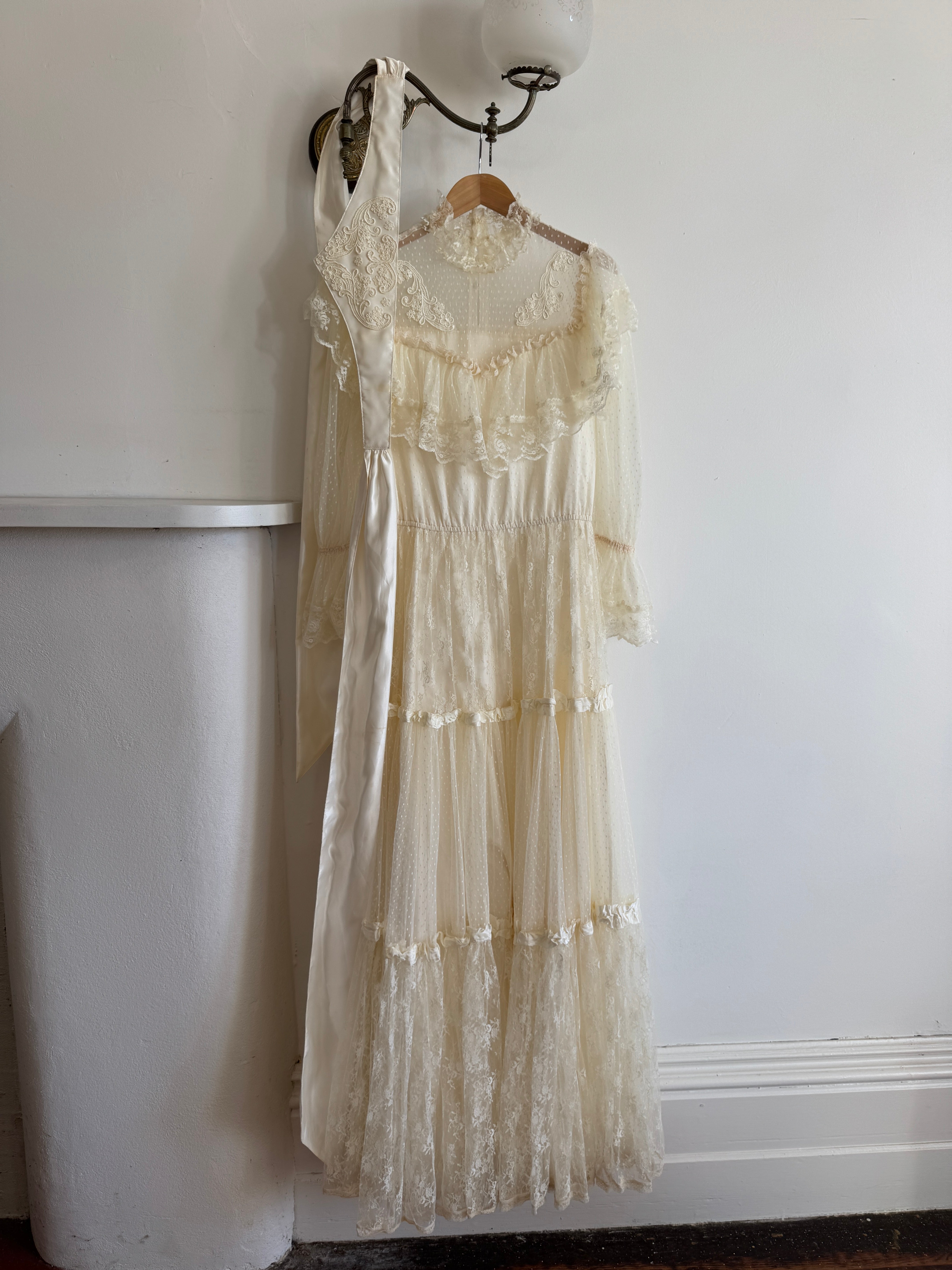Vintage 70s Prairie Lace Wedding Gown with Beaded Basque Waist Belt