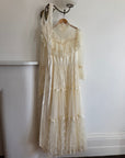Vintage 70s Prairie Lace Wedding Gown with Beaded Basque Waist Belt