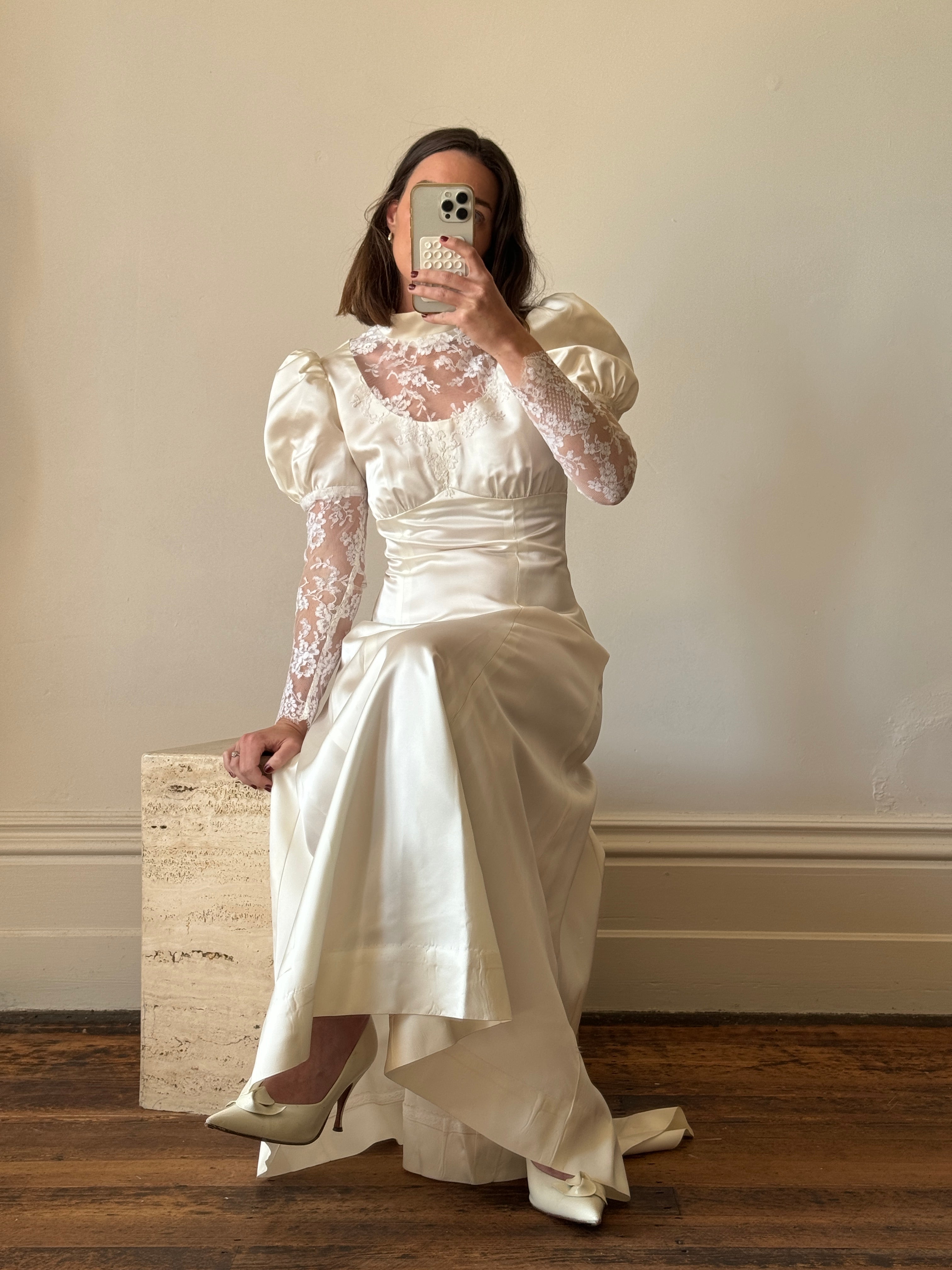 Vintage 80s Satin A-Line Wedding Gown with Puff Sleeves