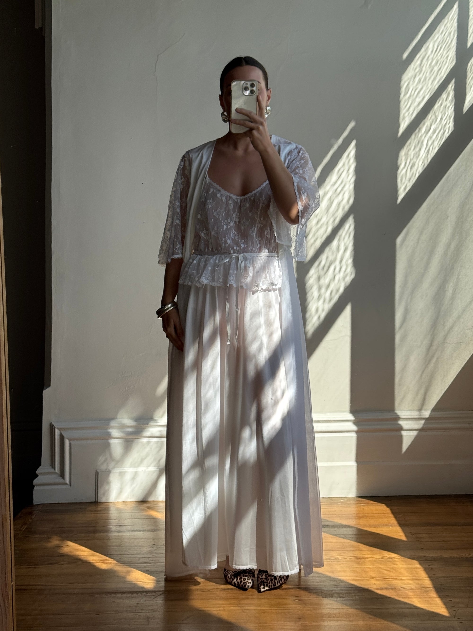Vintage 80s Lace Peignoir and Slip Set