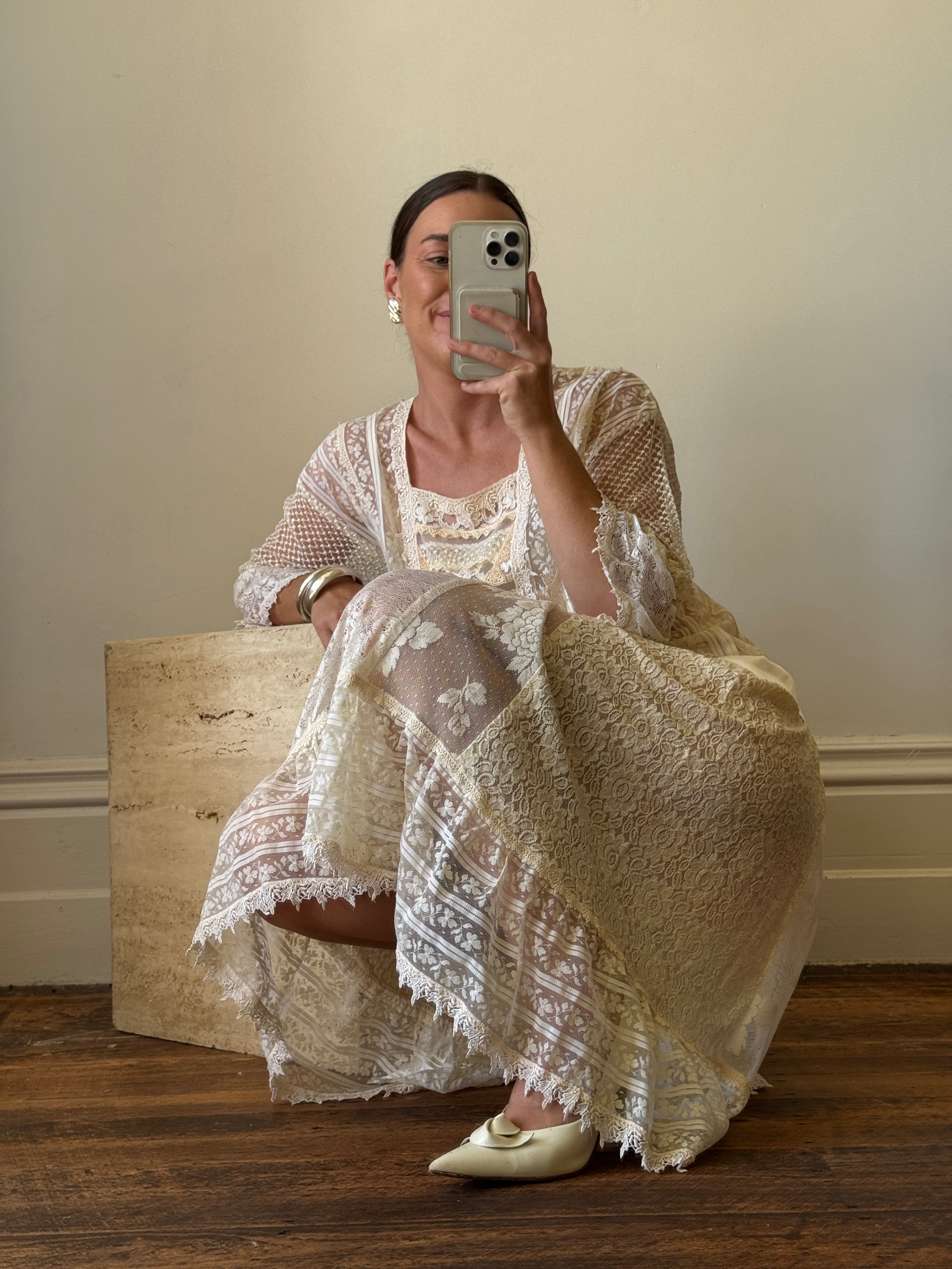 Vintage 80s Drop Waist Patchwork Lace Sheer Wedding Dress