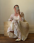 Vintage 80s Drop Waist Patchwork Lace Sheer Wedding Dress