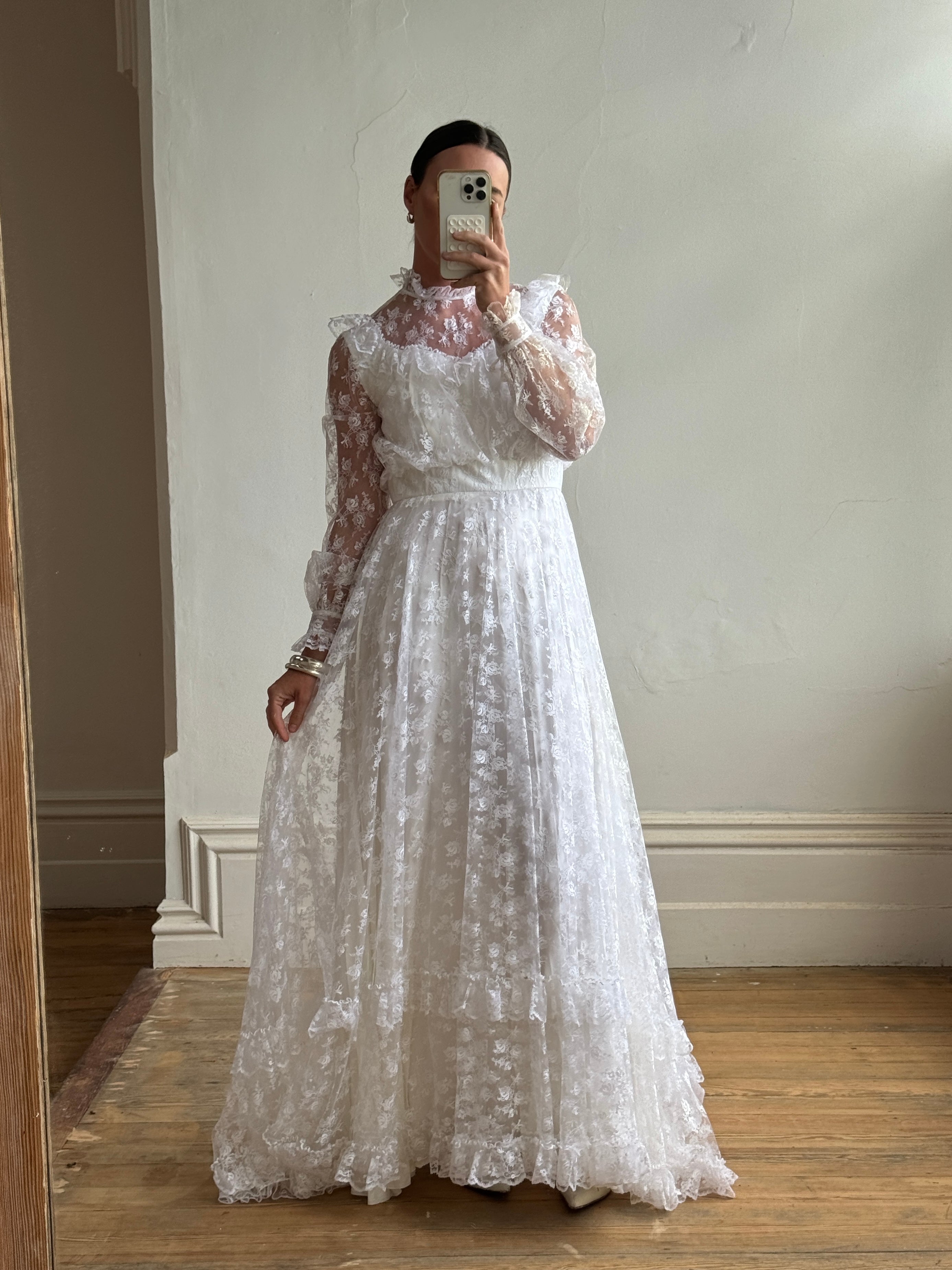 Vintage 70s Lace Prairie Wedding Gown White