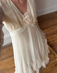Vintage 70s Chiffon Rosette Wedding Dress Creme