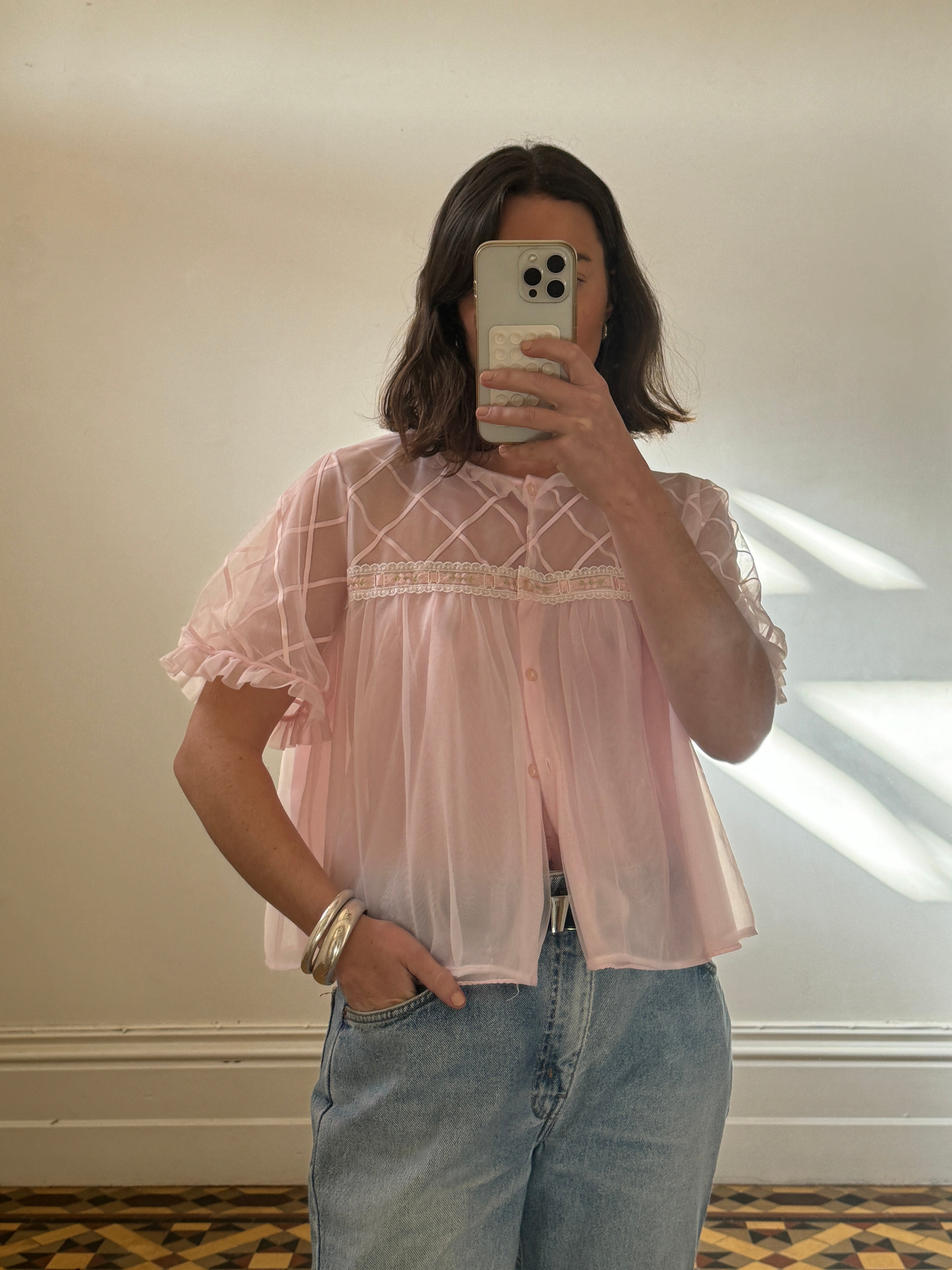 Vintage 50s Sheer Babydoll Blouse Baby Pink