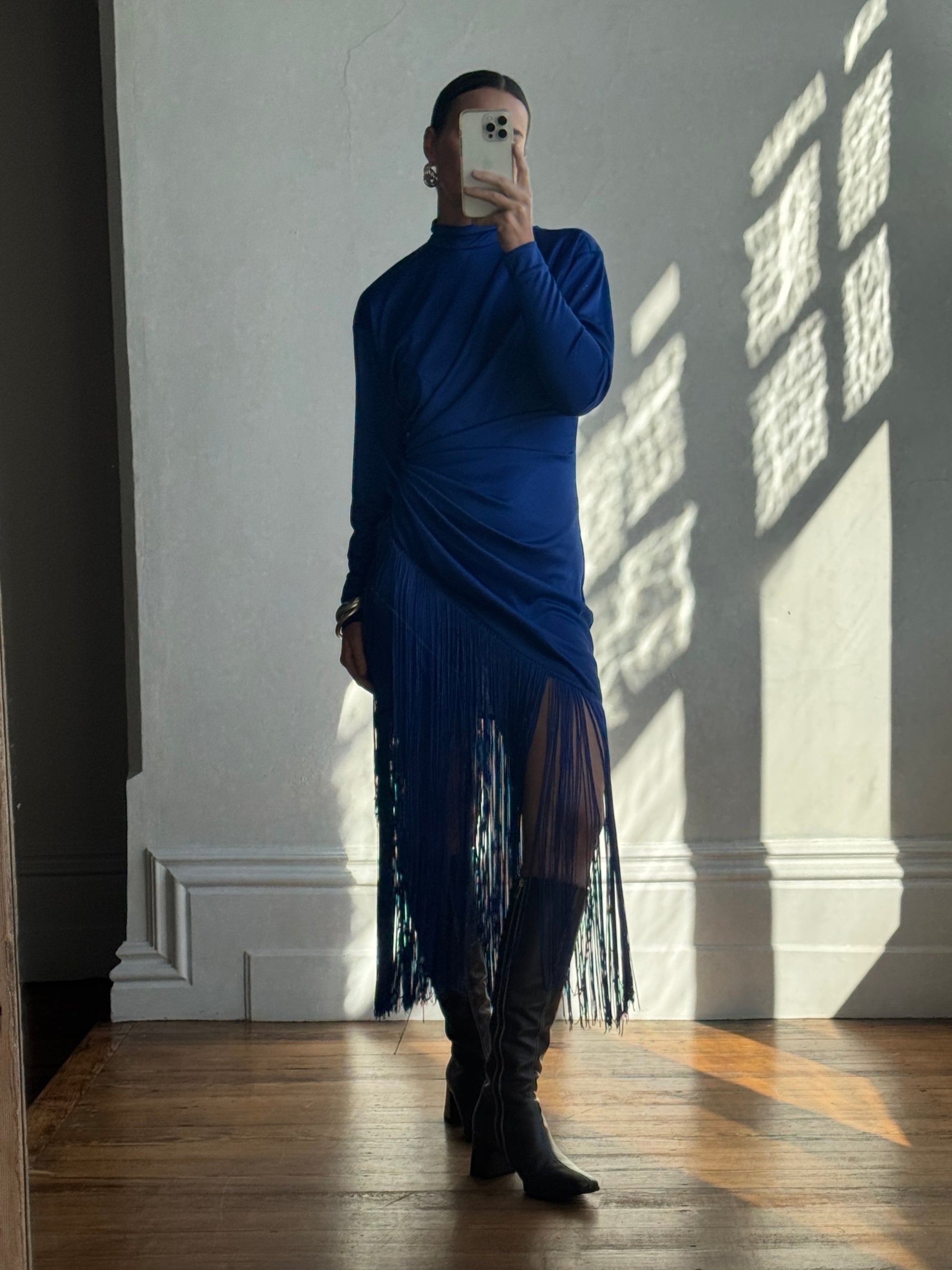 Vintage 80s Royal Blue Long Sleeve Fringe Dress