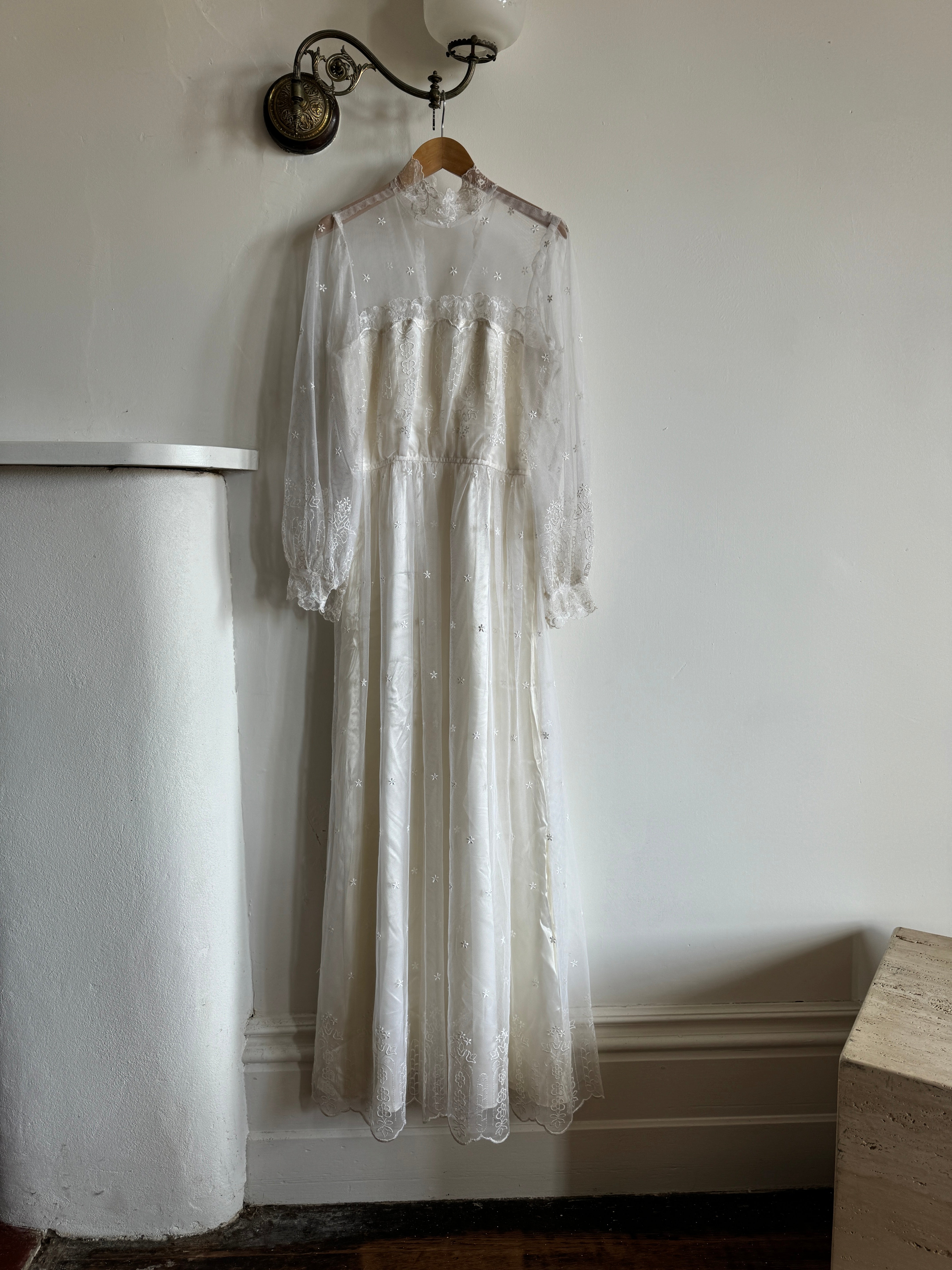 Vintage 70s High Neck Embroidered Long Sleeve Wedding Dress