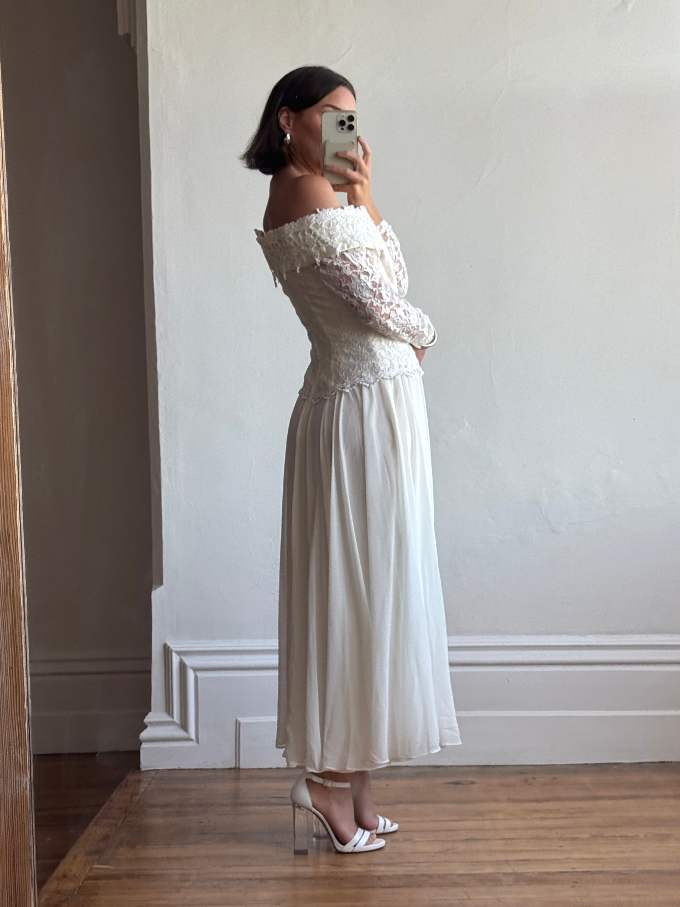 Vintage 90s Lace Off The Shoulder Chiffon Wedding Dress