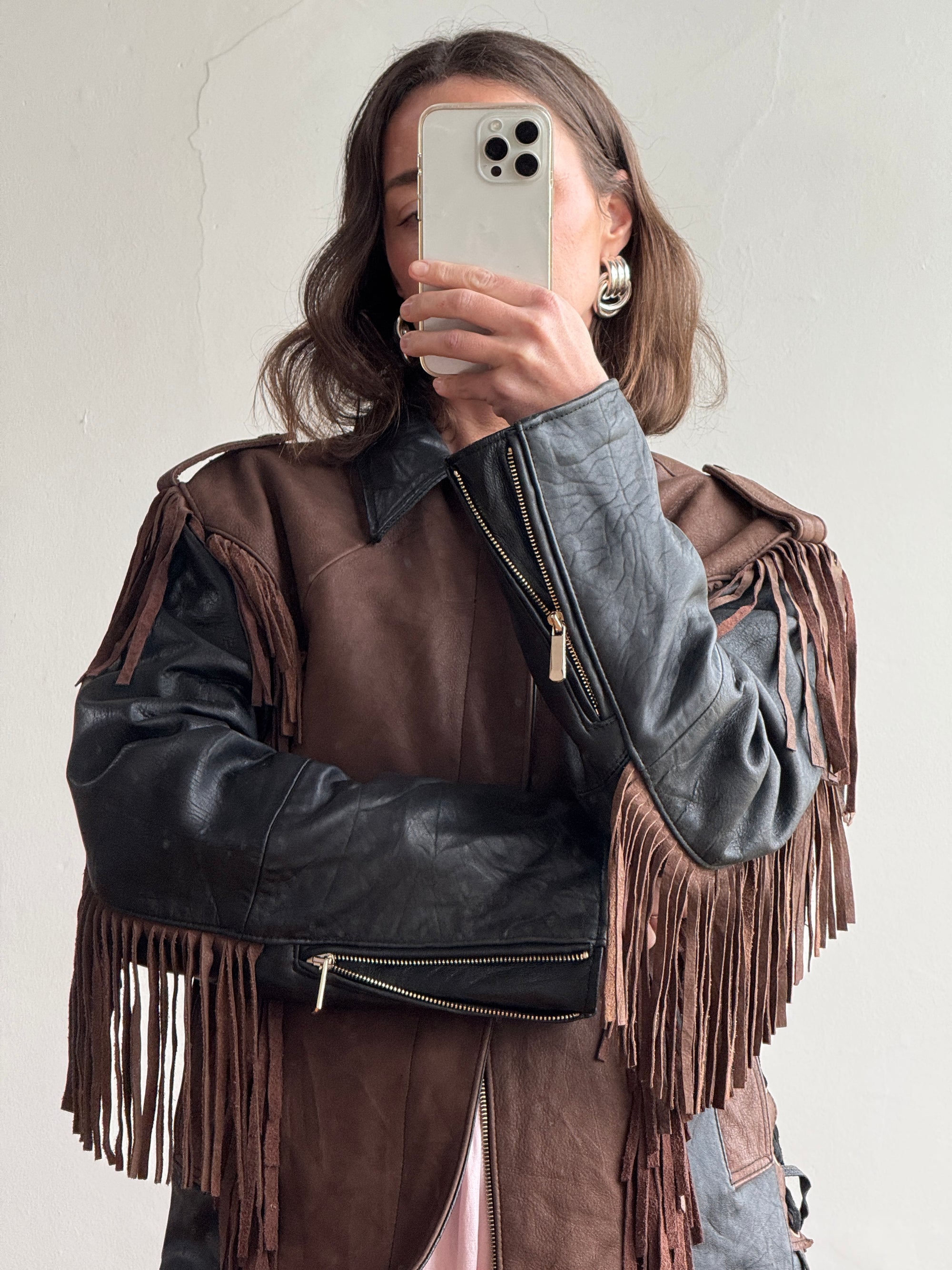 Vintage 70s Fringed Lace Up Leather Jacket Chocolate Noir