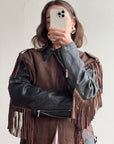 Vintage 70s Fringed Lace Up Leather Jacket Chocolate Noir