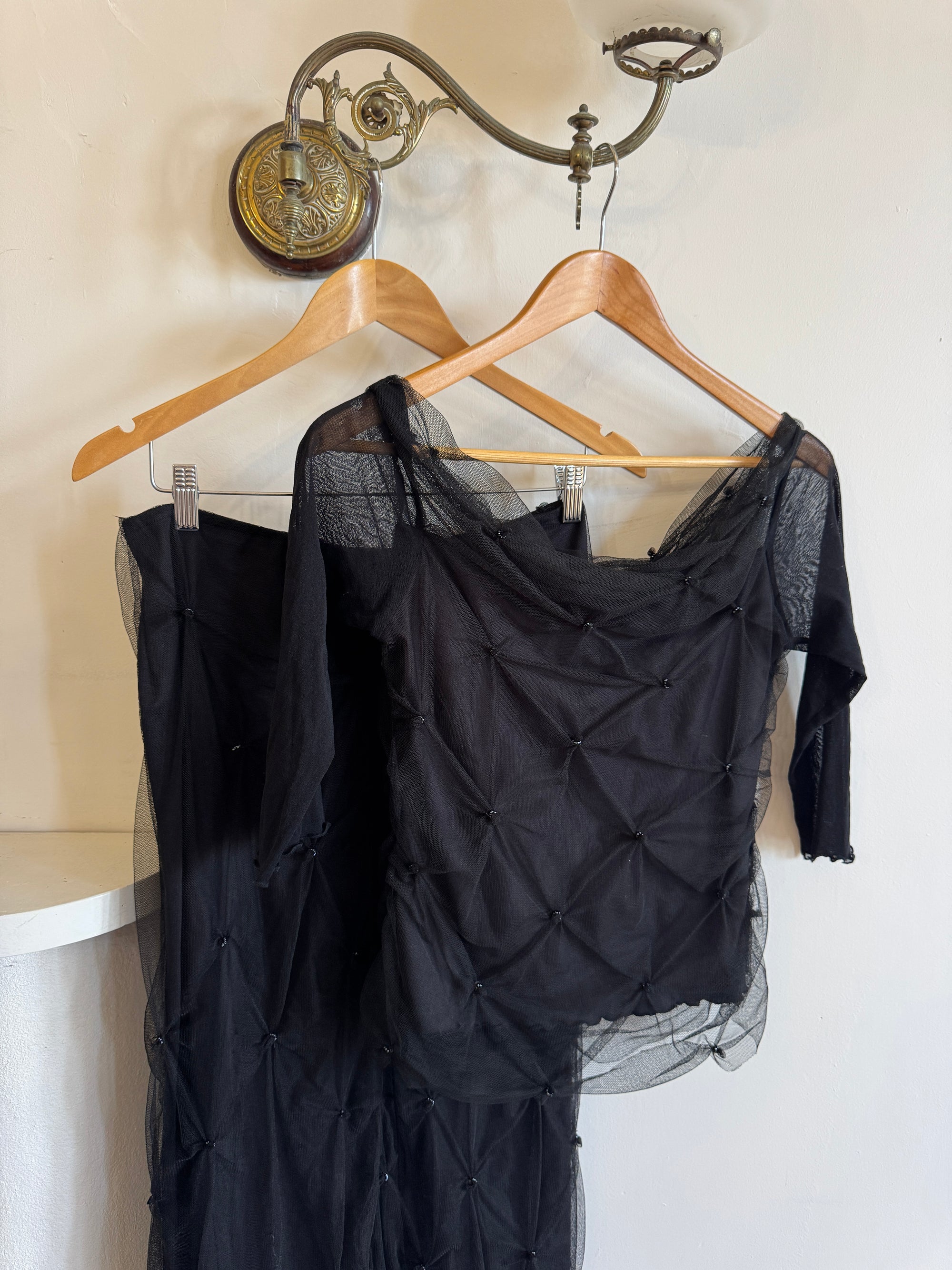 Vintage 90s Mesh Smocked Two Piece Set noir