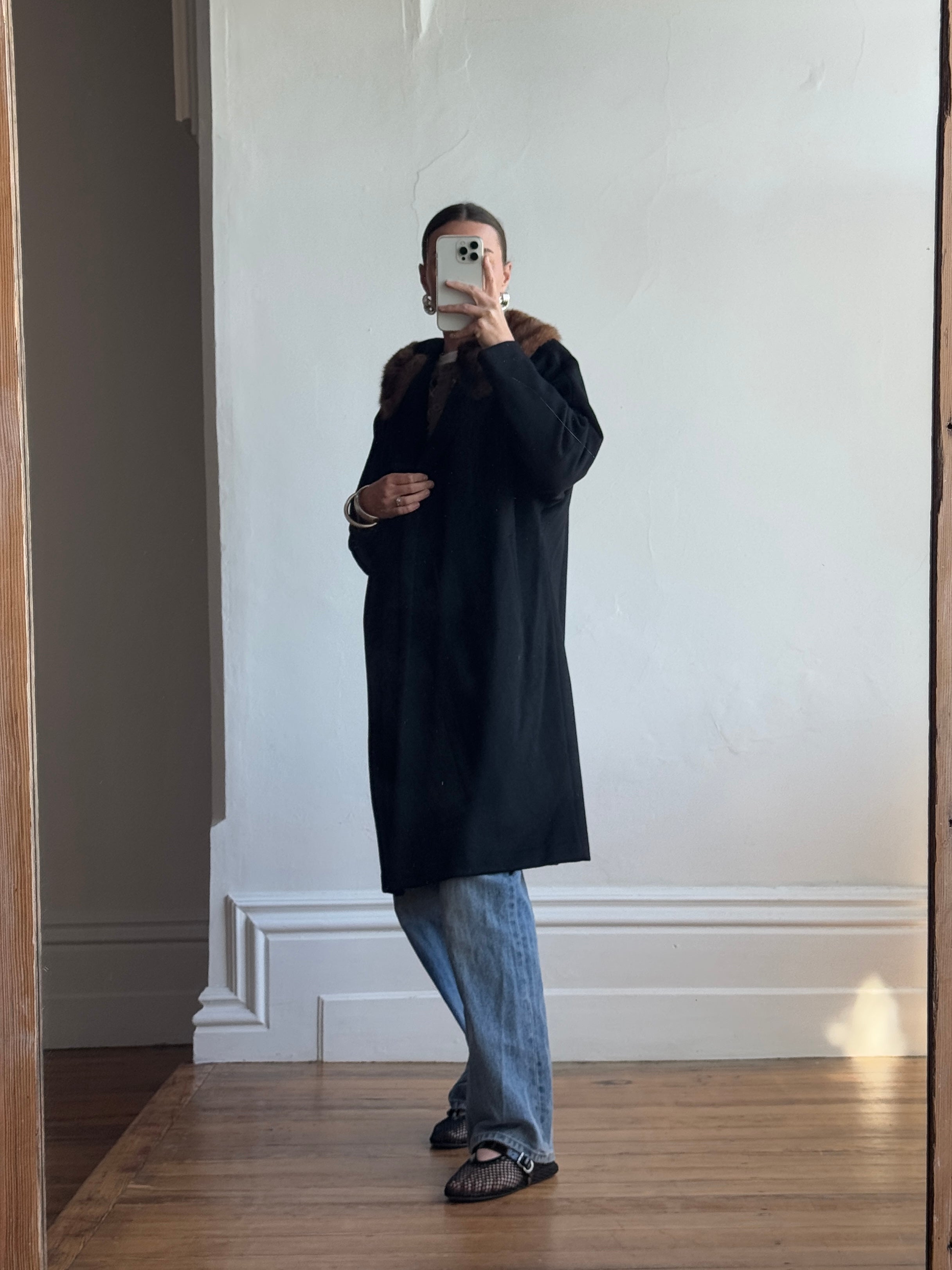 Vintage 60s Noir Pure Wool Mid Length Overcoat with Fur Collar
