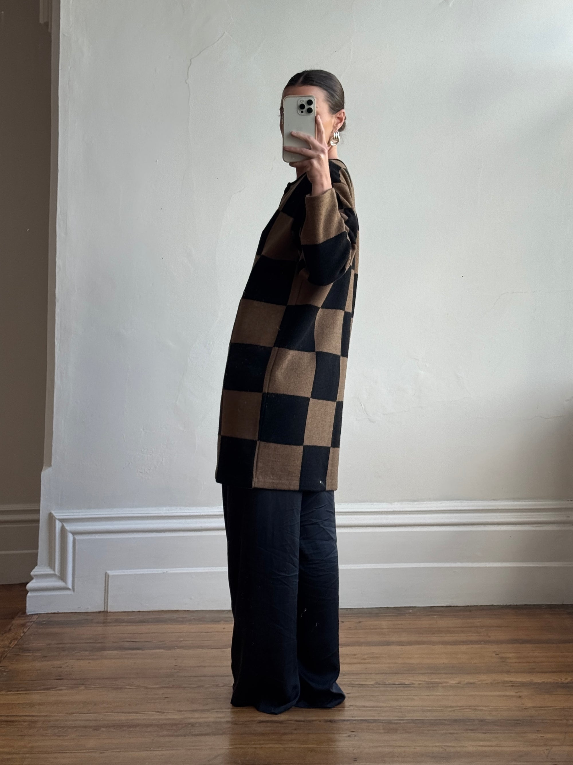 Vintage 80s Pure Wool Checkerboard Oversized Cardi