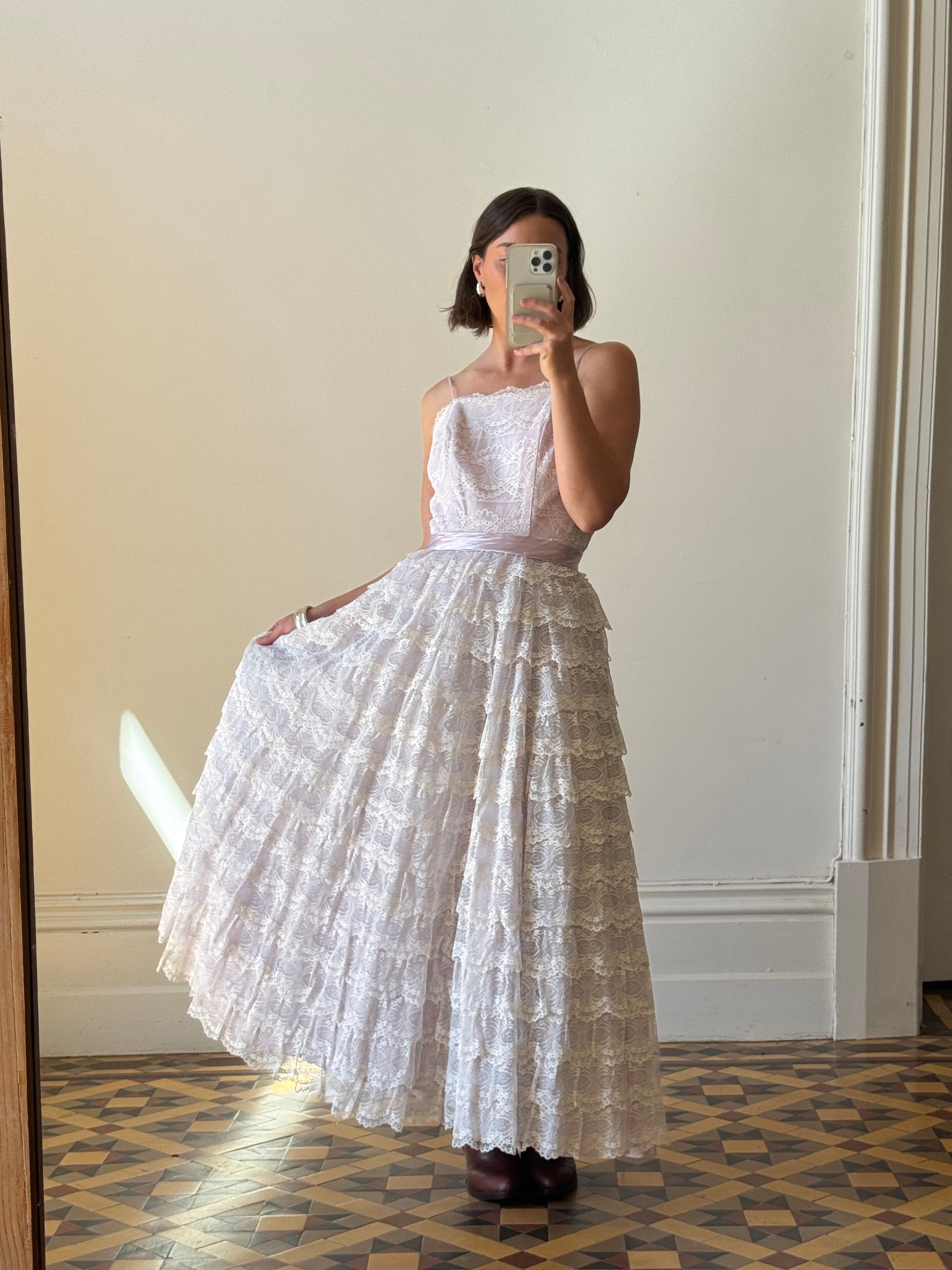 Vintage 50s Cupcake Tiered Lace Prom Dress Lilac