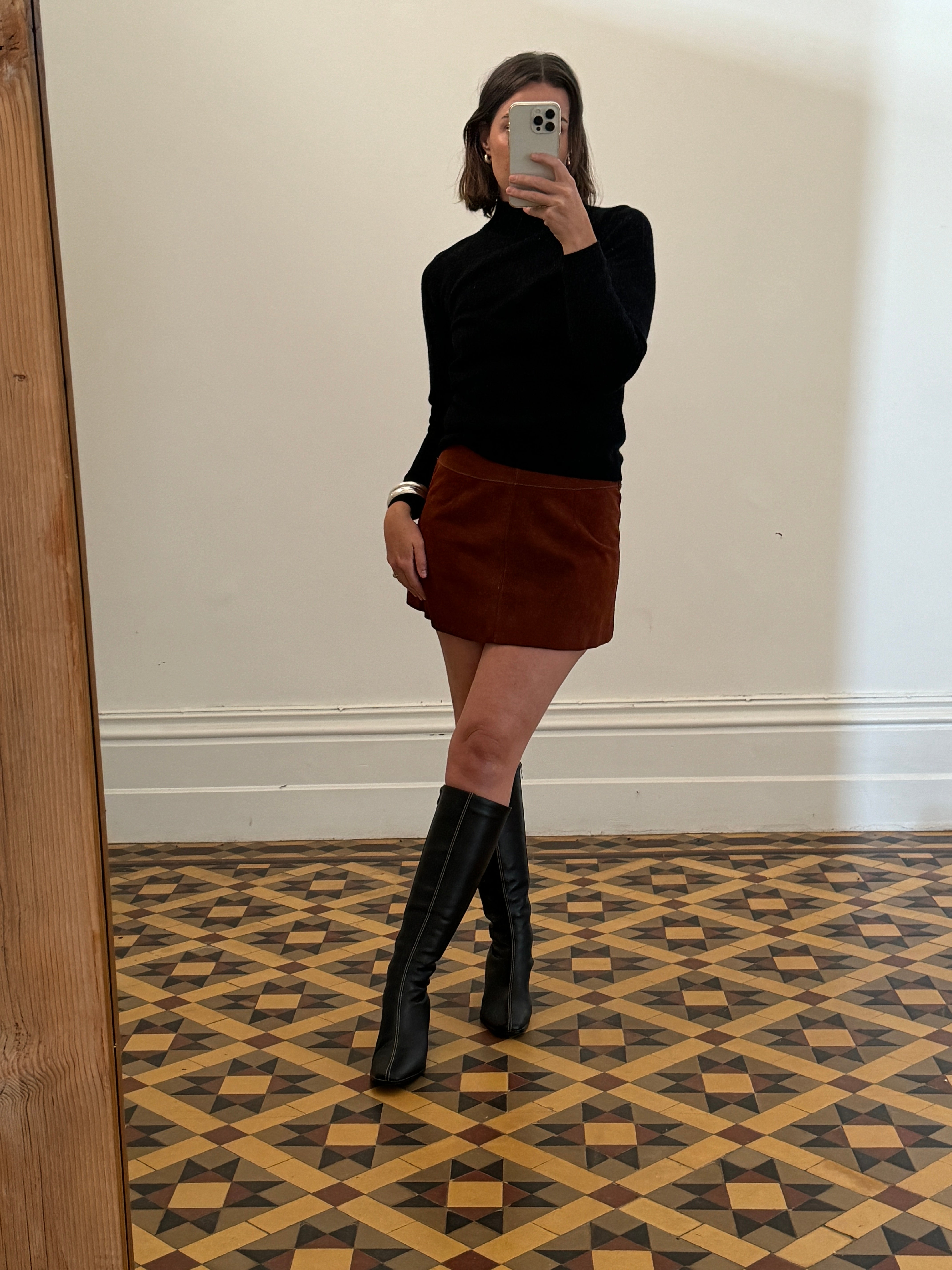 Vintage Zip Front Leather Micro Mini Skirt Tan