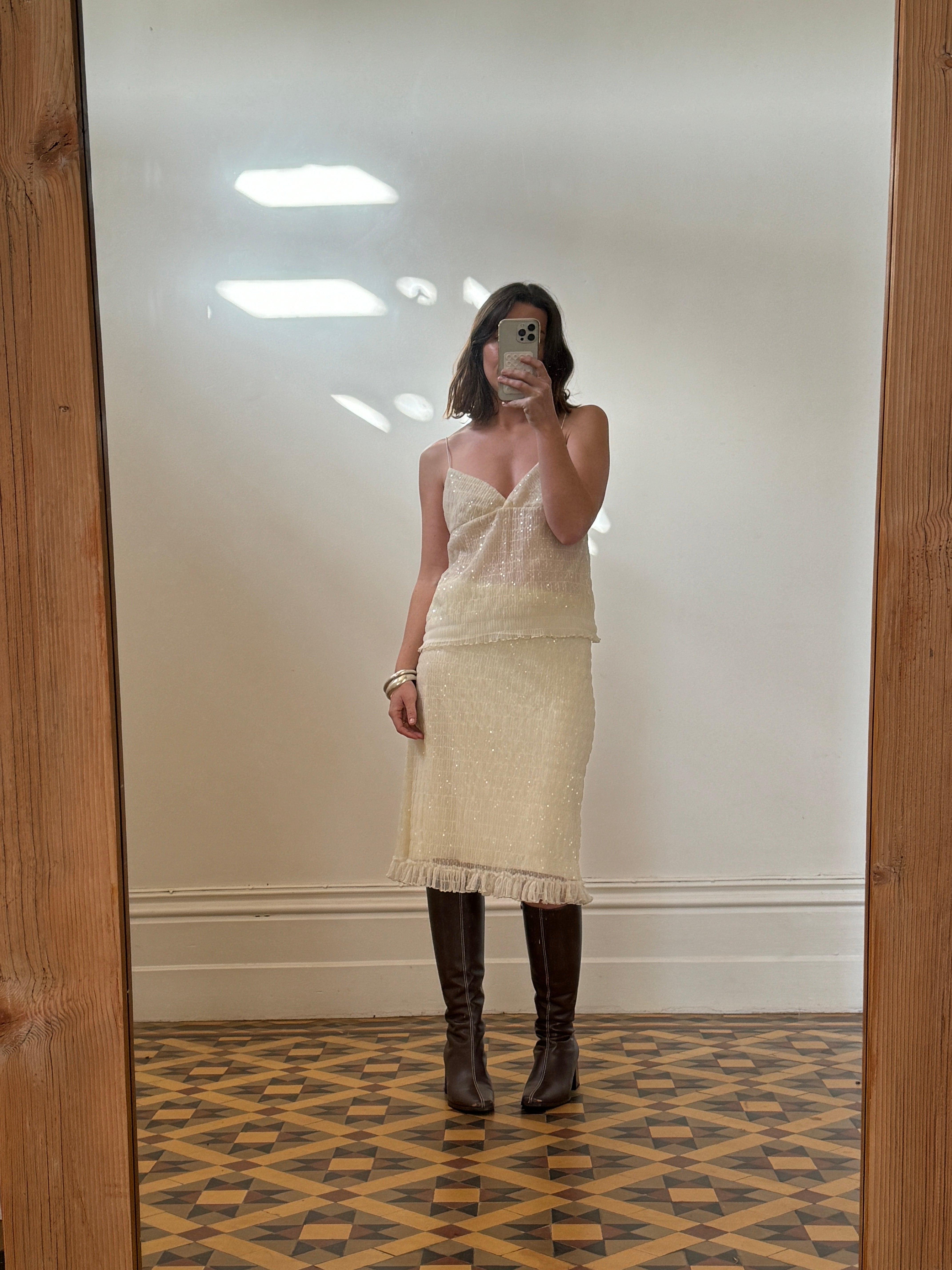Vintage 90s Gathered Sequin Two Piece Creme