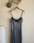 Vintage 90s Mesh Strappy Slip Dress Blue Satin Noir