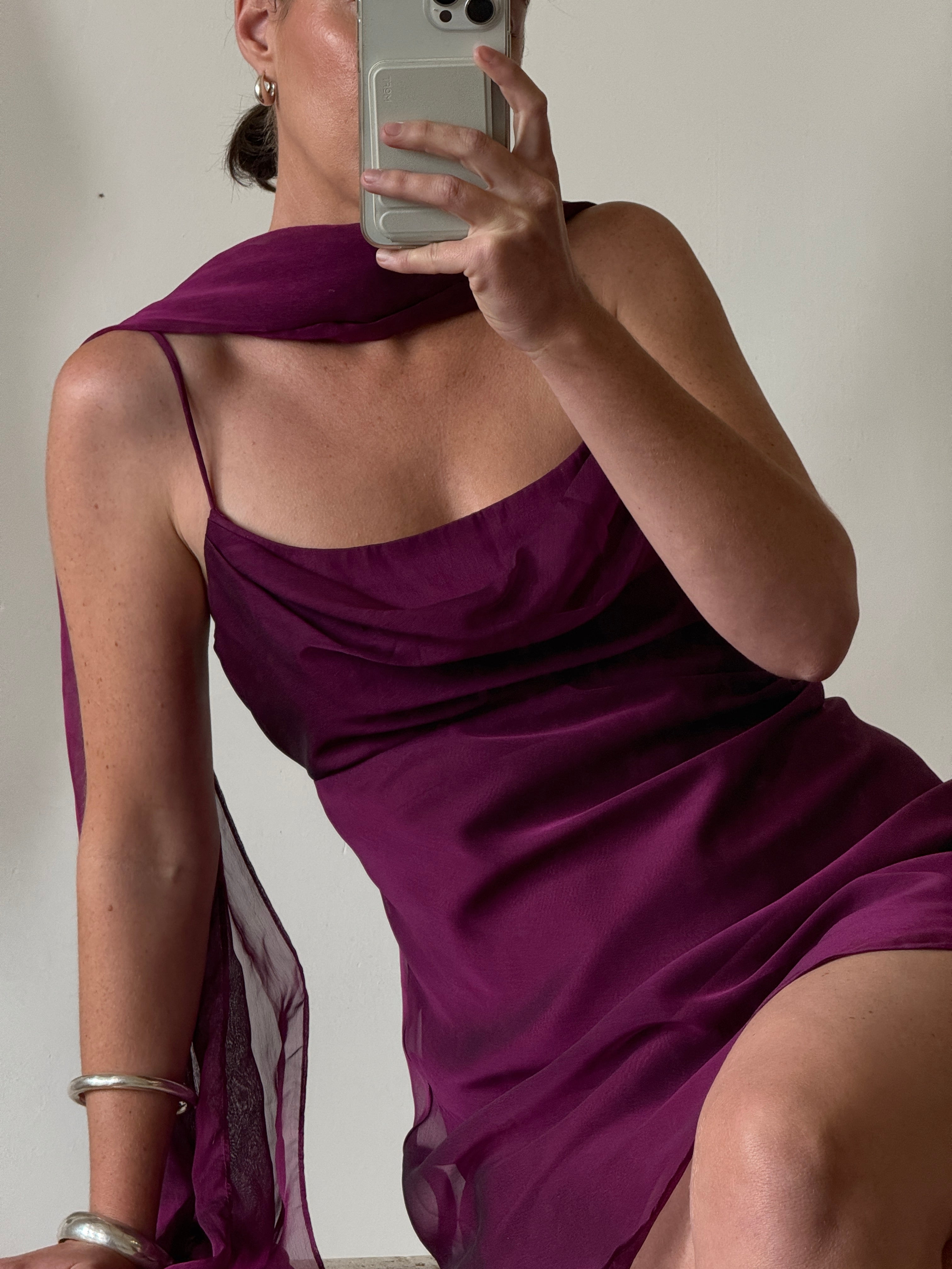 Vintage 90s Eggplant Cowl Neck Mini Dress With Scarf