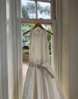 Vintage 90s Pleated Ivory Silk Couture Bridal Dress with Belt