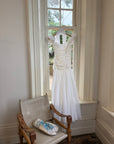 Vintage 90s Chiffon Rosette Off-Shoulder Drop Waist Wedding Dress
