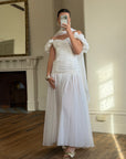 Vintage 90s Chiffon Rosette Off-Shoulder Drop Waist Wedding Dress