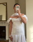 Vintage 90s Chiffon Rosette Off-Shoulder Drop Waist Wedding Dress