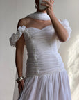 Vintage 90s Chiffon Rosette Off-Shoulder Drop Waist Wedding Dress