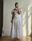Vintage 90s Chiffon Rosette Off-Shoulder Drop Waist Wedding Dress