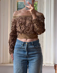 Vintage 70s Bronze Ribbon Rosette Off-Shoulder Top