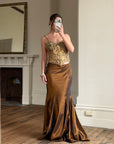 Vintage 90s Haute Couture Beaded Bustier and Bronze Taffeta Skirt Set