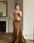 Vintage 90s Haute Couture Beaded Bustier and Bronze Taffeta Skirt Set