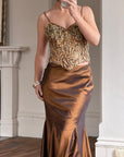 Vintage 90s Haute Couture Beaded Bustier and Bronze Taffeta Skirt Set