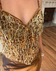 Vintage 90s Haute Couture Beaded Bustier and Bronze Taffeta Skirt Set