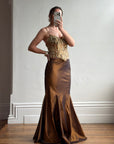 Vintage 90s Haute Couture Beaded Bustier and Bronze Taffeta Skirt Set