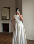 Vintage 90s Pleated Ivory Silk Couture Bridal Dress with Belt