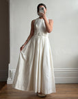 Vintage 90s Pleated Ivory Silk Couture Bridal Dress with Belt
