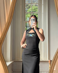 Vintage 90s Cheongsam Embroidered Blue Floral Crepe Dress
