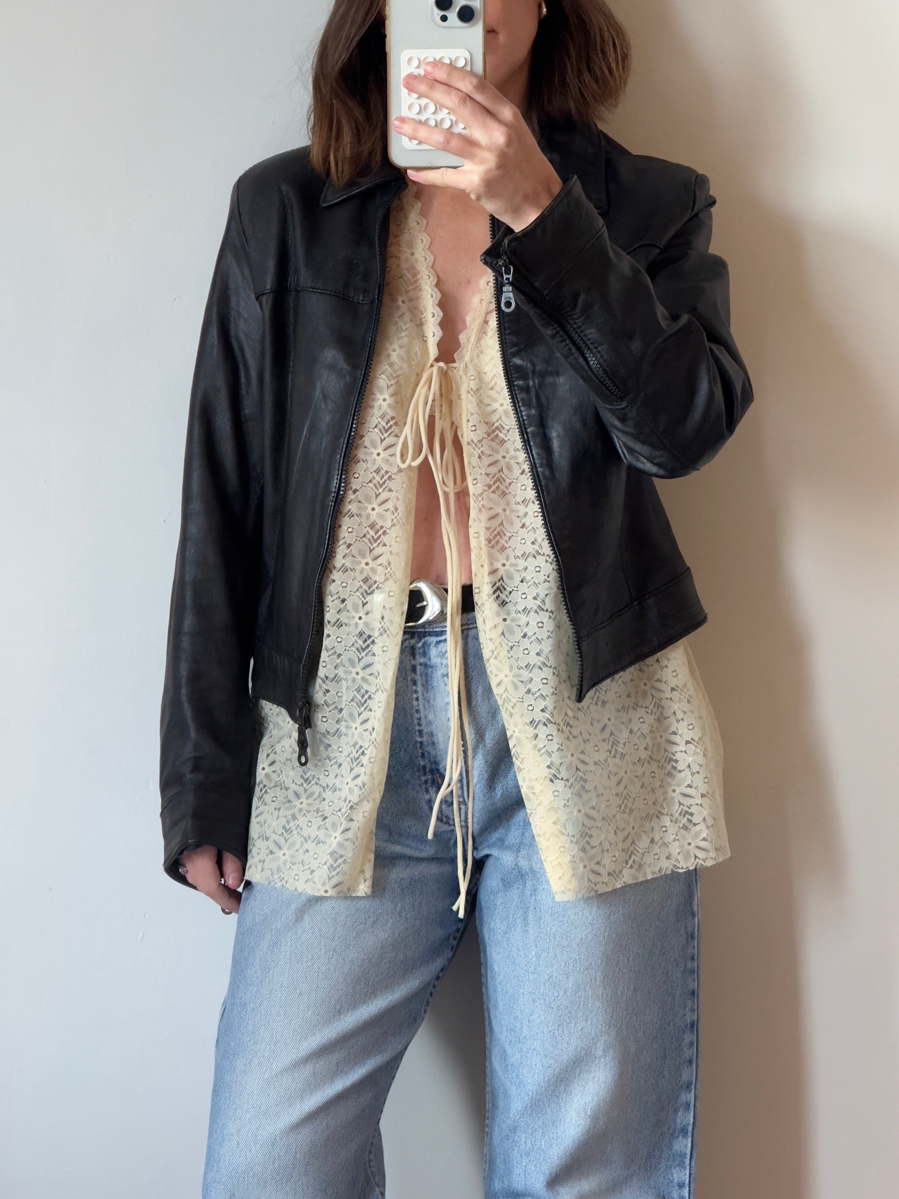 Vintage 90s Zip Front Leather Jacket Black