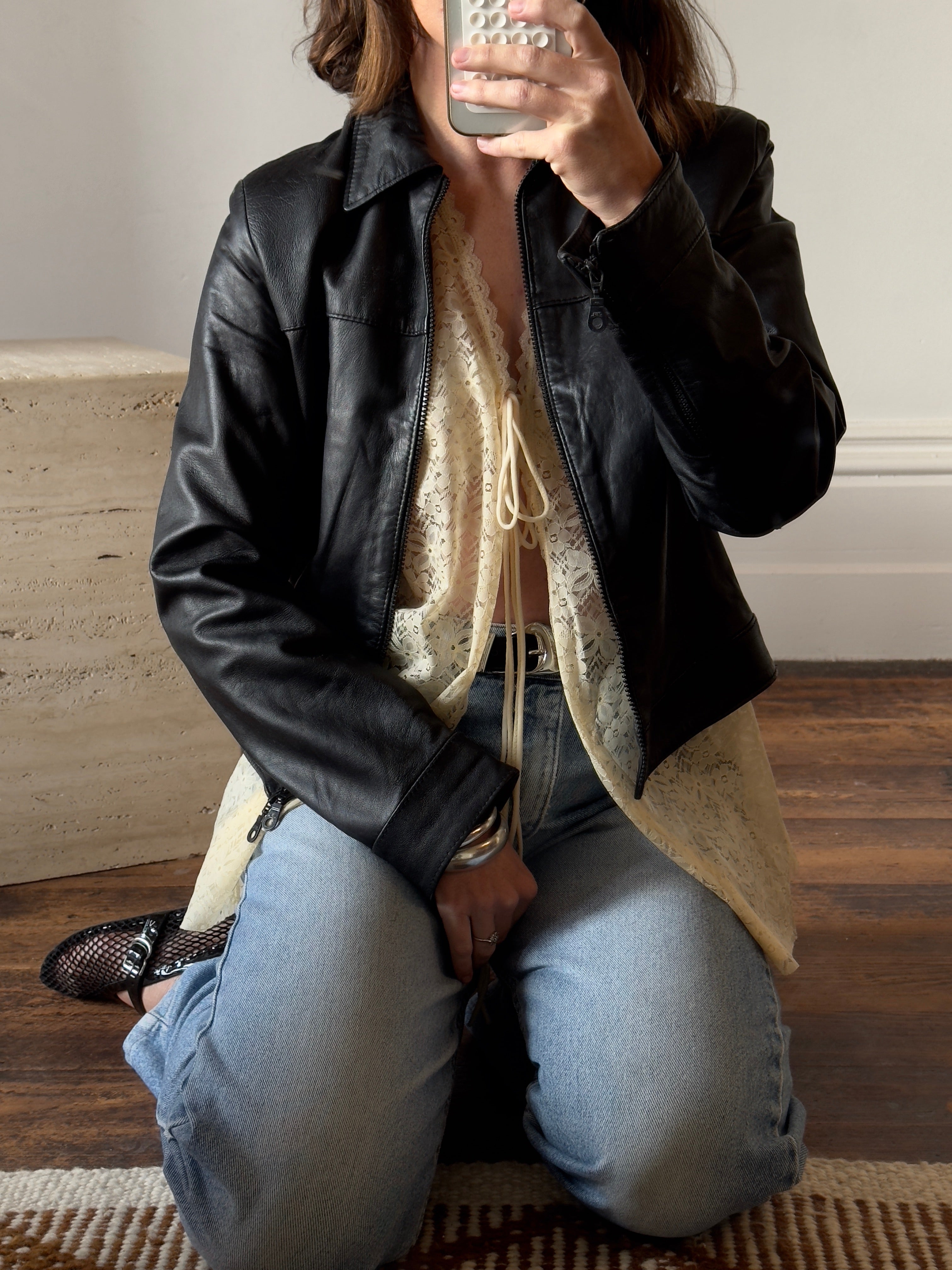 Vintage 90s Zip Front Leather Jacket Black