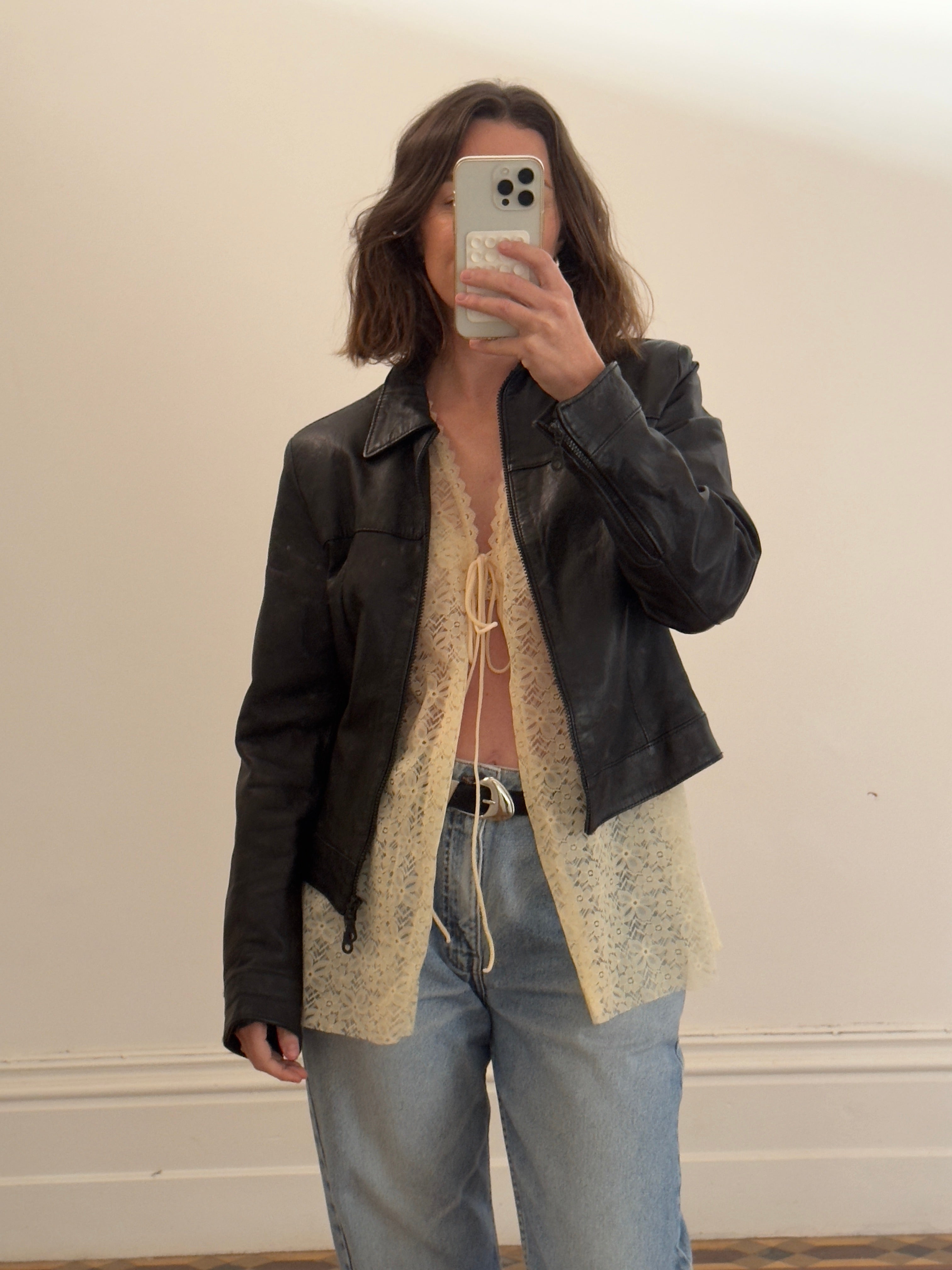 Vintage 90s Zip Front Leather Jacket Black