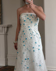 Vintage Y2K Blue Floral Glass Beaded Strapless Wedding Gown