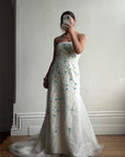 Vintage Y2K Blue Floral Glass Beaded Strapless Wedding Gown