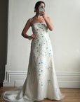 Vintage Y2K Blue Floral Glass Beaded Strapless Wedding Gown