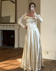 Vintage 40s Liquid Satin Long Sleeve Scoop Neck Wedding Gown