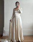 Vintage 40s Liquid Satin Long Sleeve Scoop Neck Wedding Gown
