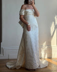 Vintage 90s Jacquard Lace Off Shoulder Wedding Gown with Bow and Train