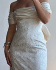 Vintage 90s Jacquard Lace Off Shoulder Wedding Gown with Bow and Train