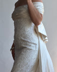 Vintage 90s Jacquard Lace Off Shoulder Wedding Gown with Bow and Train