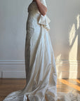 Vintage 90s Jacquard Lace Off Shoulder Wedding Gown with Bow and Train